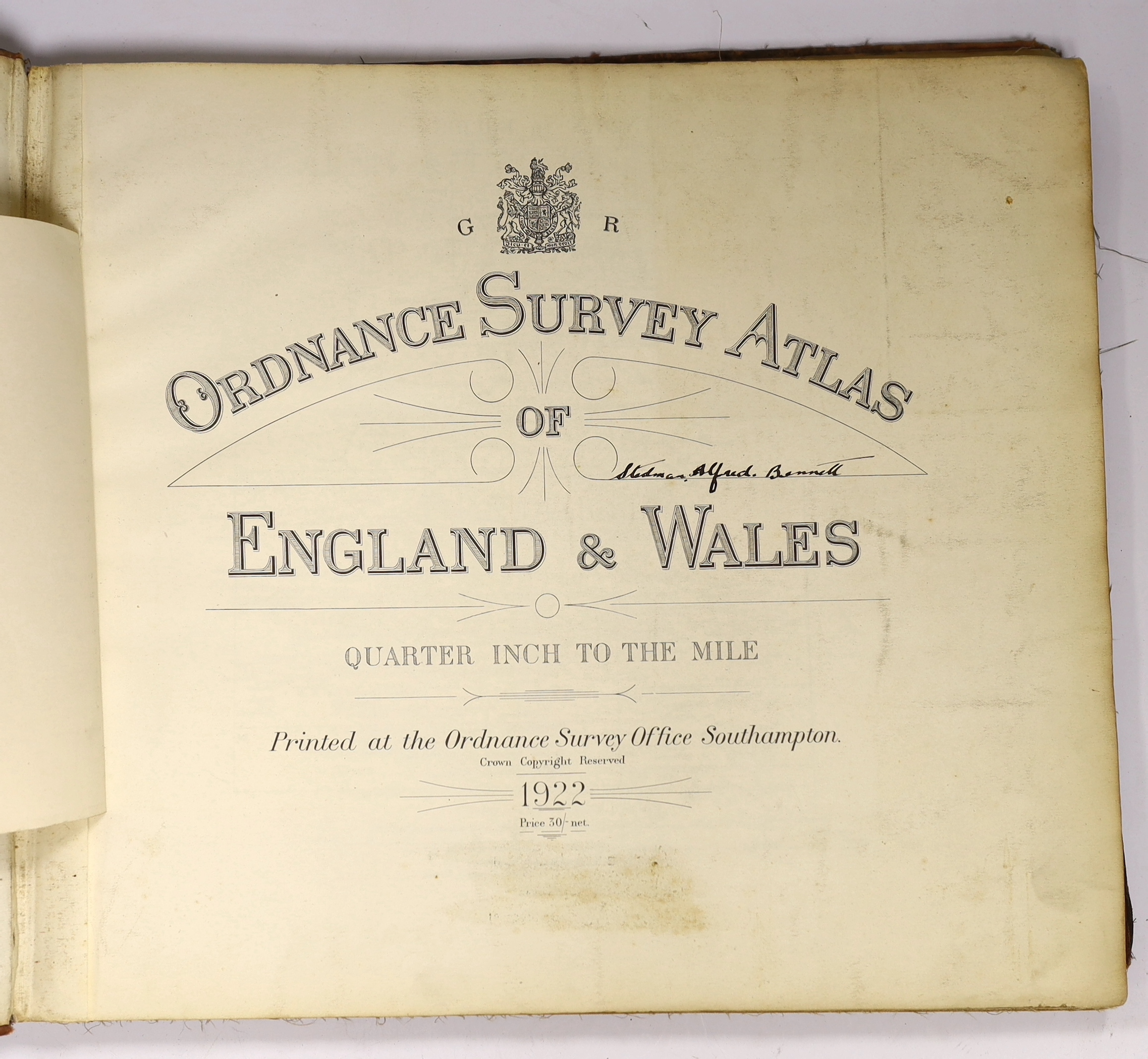 Ordnance Survey Atlas of England and Wales: quarter inch to the mile. engraved title and 24 d-page coloured maps (on linen), errata slip, (2)pp. index map and scales /key, (21)pp. index of places, and extra illustrated w